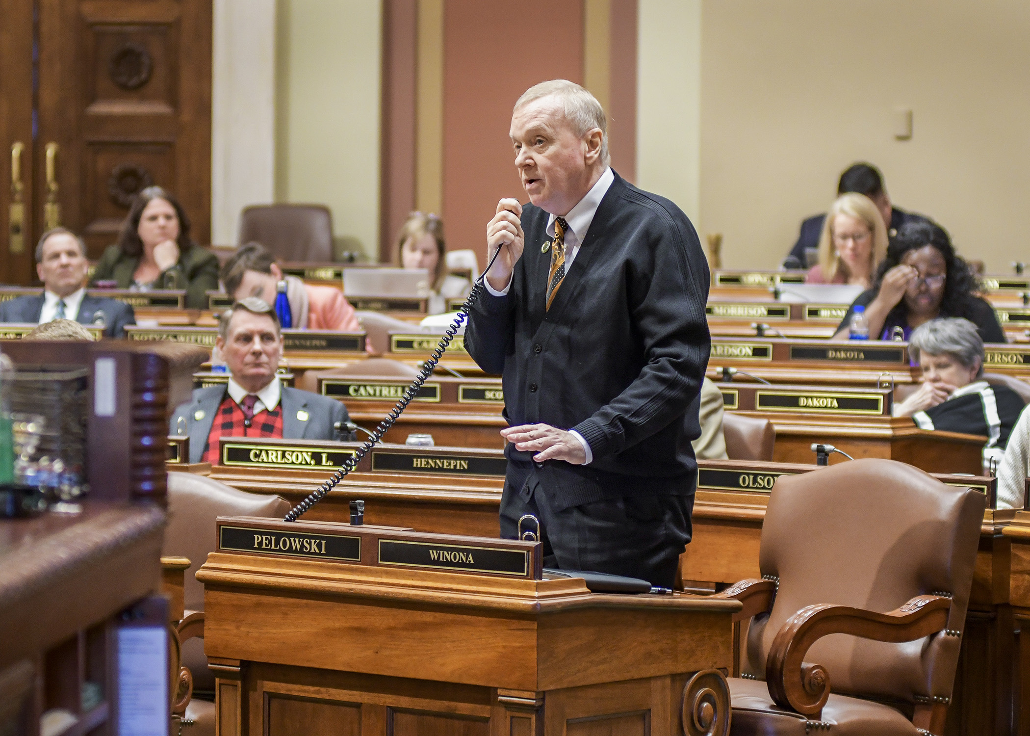 Rep. Gene Pelowski Jr. presents HF682/SF307* on the House Floor. Heading to the governor, the bill would appropriate $10 million to the state’s disaster contingency account. Photo by Andrew VonBank